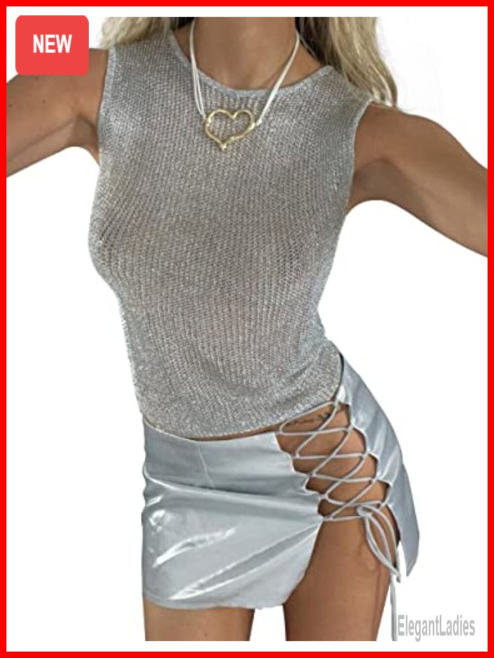 Meladyan Women Fishnet Knit Glitter Crop Tank Sheer Mesh Sleeveless Top